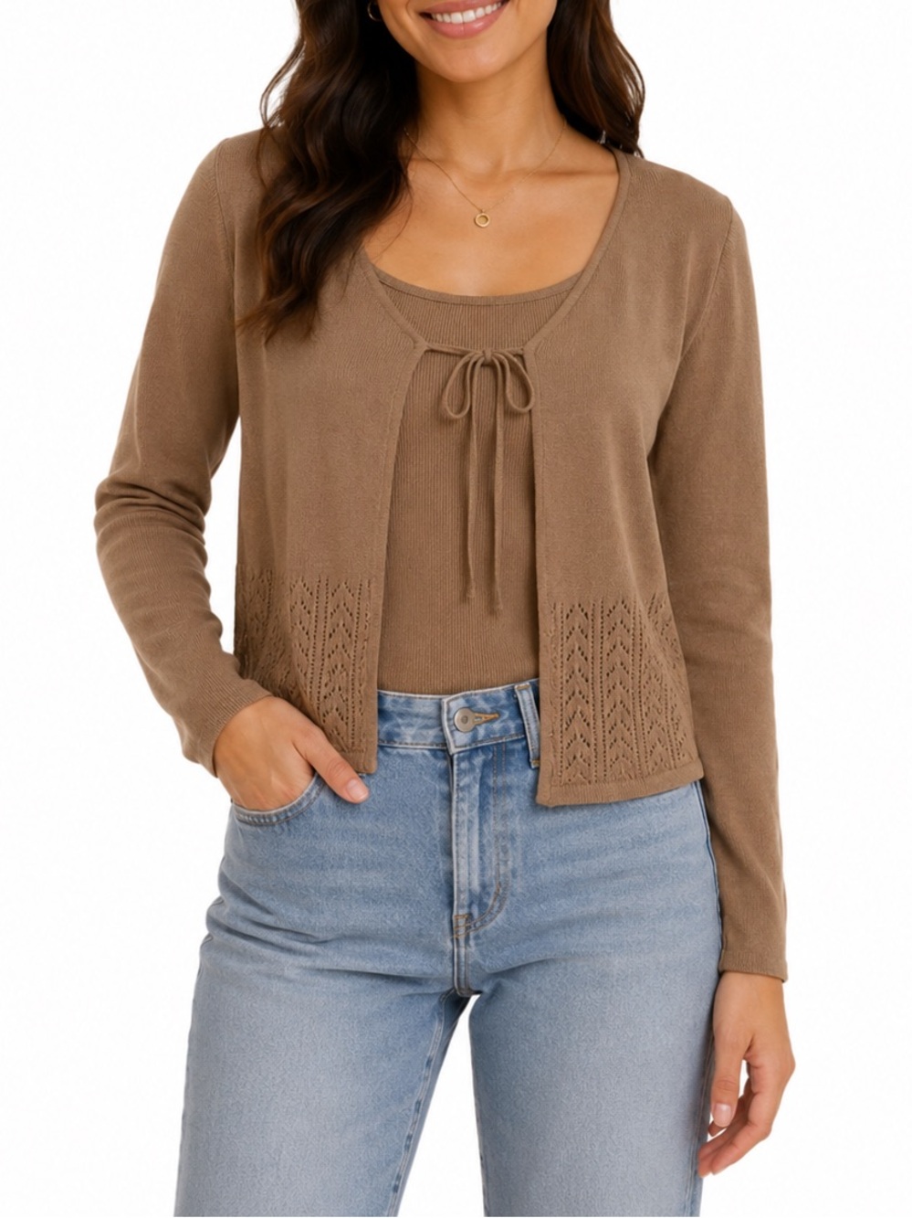 Vintage Tan Knit Pointelle 2-piece Set Cardigan Sweater & Top